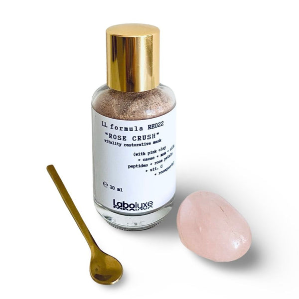 Rose Crush Skin Vitalising Facial Mask with Pink Amazonian Clay and Rose Quartz.