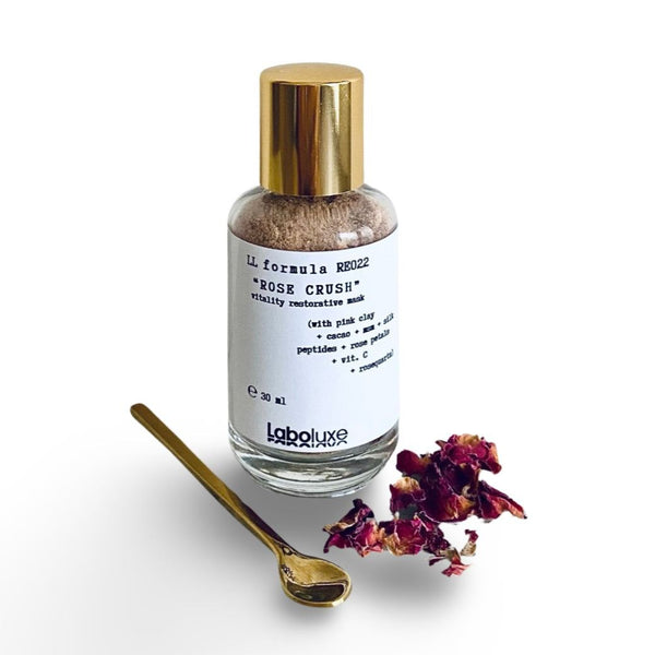 Rose Crush Skin Vitalising Facial Mask with Pink Clay and Raw Cacao - 30g jar with golden spoon and rose petals.