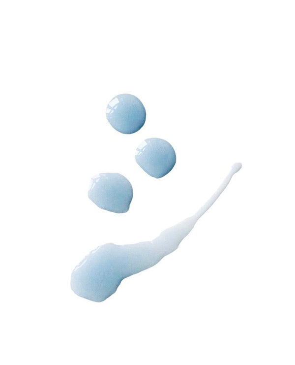 L' Azul Skin Refining Serum texture with blue droplets on a white background.